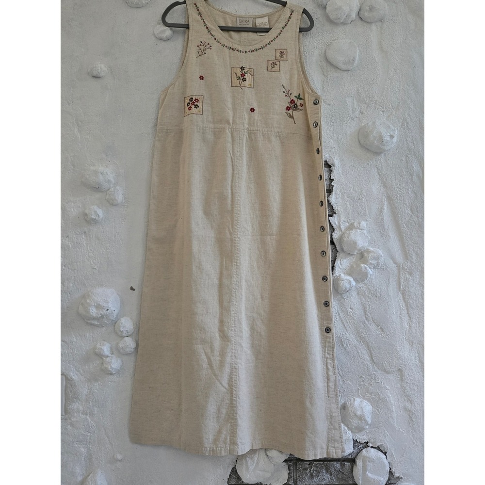 Erika Collection Linen Blend Embroidered Floral Side Button Midi Dress Beige M